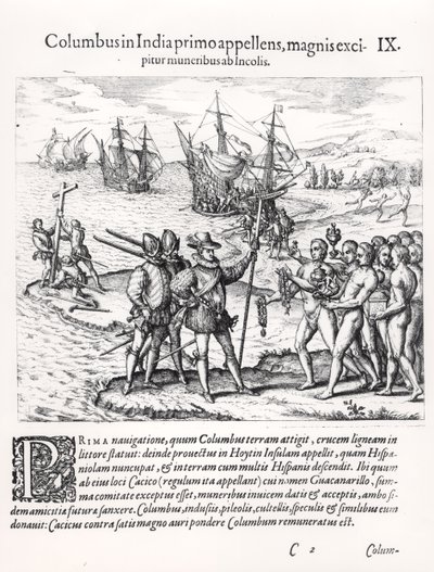 Columbus in wat eerst India werd genoemd, verwelkomd door de Indianen met geschenken door English School